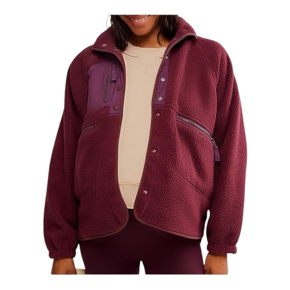 Free People X Hatch Hit the Slopes Fleece Jacket Deep Maroon Burgundy NEW - Picture 5 of 15